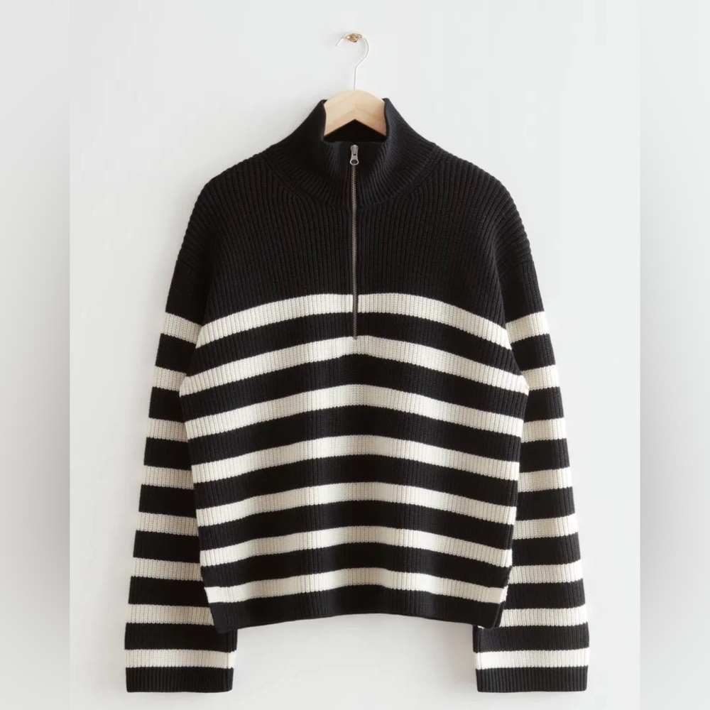 &Other Stories Black and White Striped Half Zip Oversized Sweater Size S